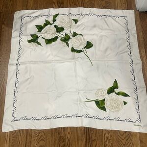 CHANEL Ivory Silk Scarf with White Rose Design